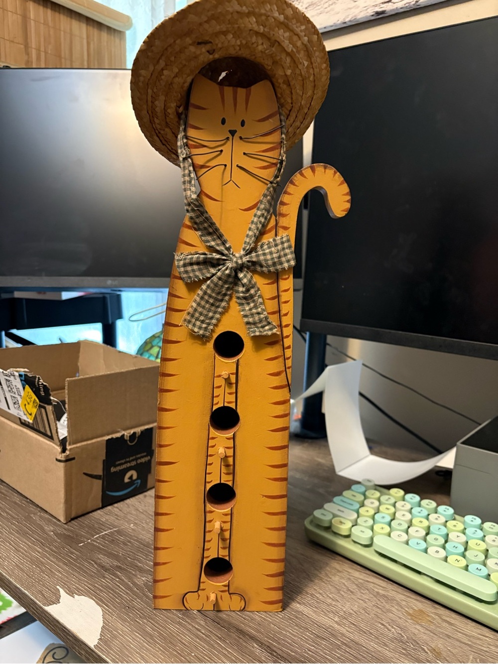 Whimsical cat birdhouse with Straw Hat